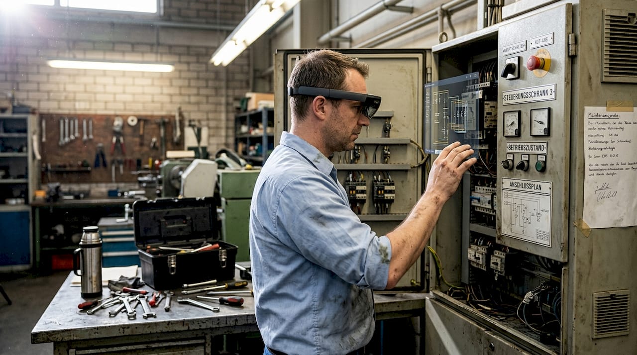 Ein Techniker nutzt eine AR-Brille, um sich an Maschinen einzuarbeiten.