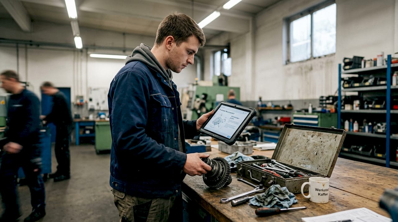 Ein Auszubildender arbeitet in der Werkstatt und nutzt dabei eine AR-App, um praktische Aufgaben zu lösen.