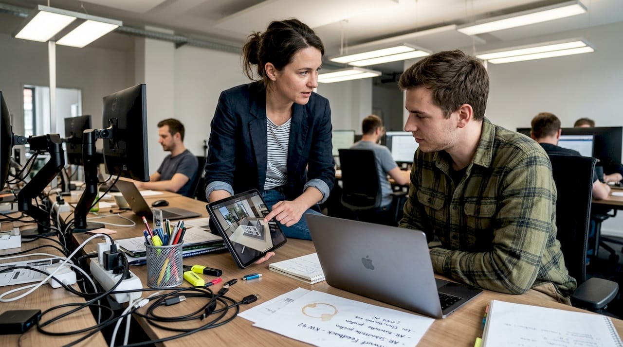 Im Büro tauschen sich Kollegen über die neuesten Entwicklungen im Bereich XR-Technologien aus und diskutieren, wie diese Innovationen den Arbeitsalltag verändern könnten.