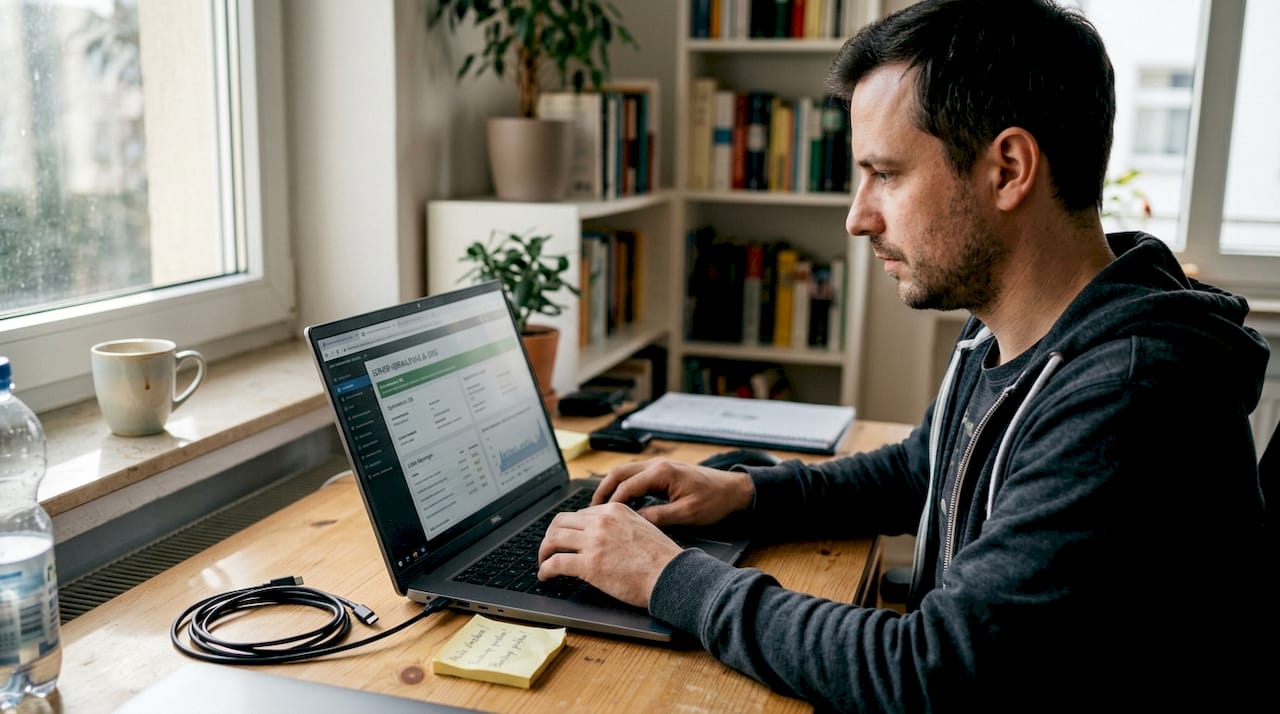 Ein IT-Spezialist richtet das Lernmanagementsystem auf seinem Laptop ein.
