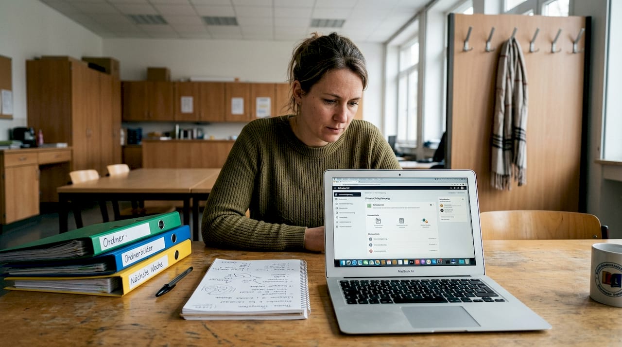 Eine Lehrerin nutzt am Laptop spezielle Lernprogramme, um ihren Unterricht zu gestalten.