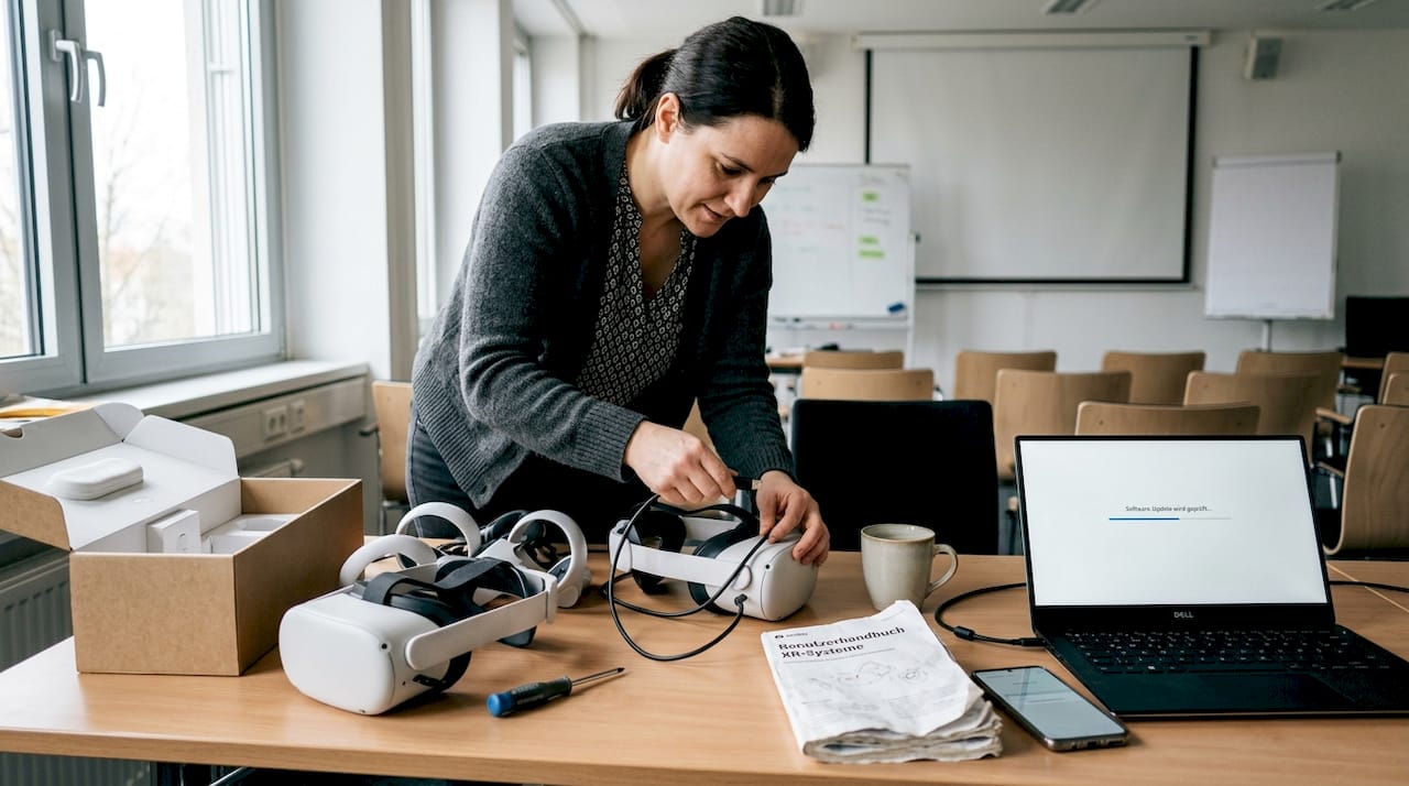 Am Technik-Arbeitsplatz bereitet der IT-Admin die XR-Brillen für den Einsatz vor.