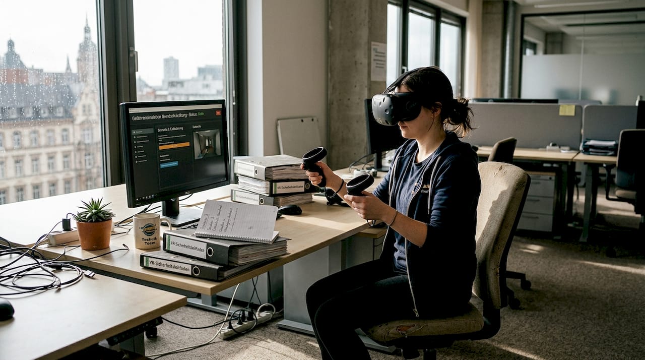 Ein Techniker setzt eine VR-Brille ein, um Gefahrensituationen realistisch zu simulieren.