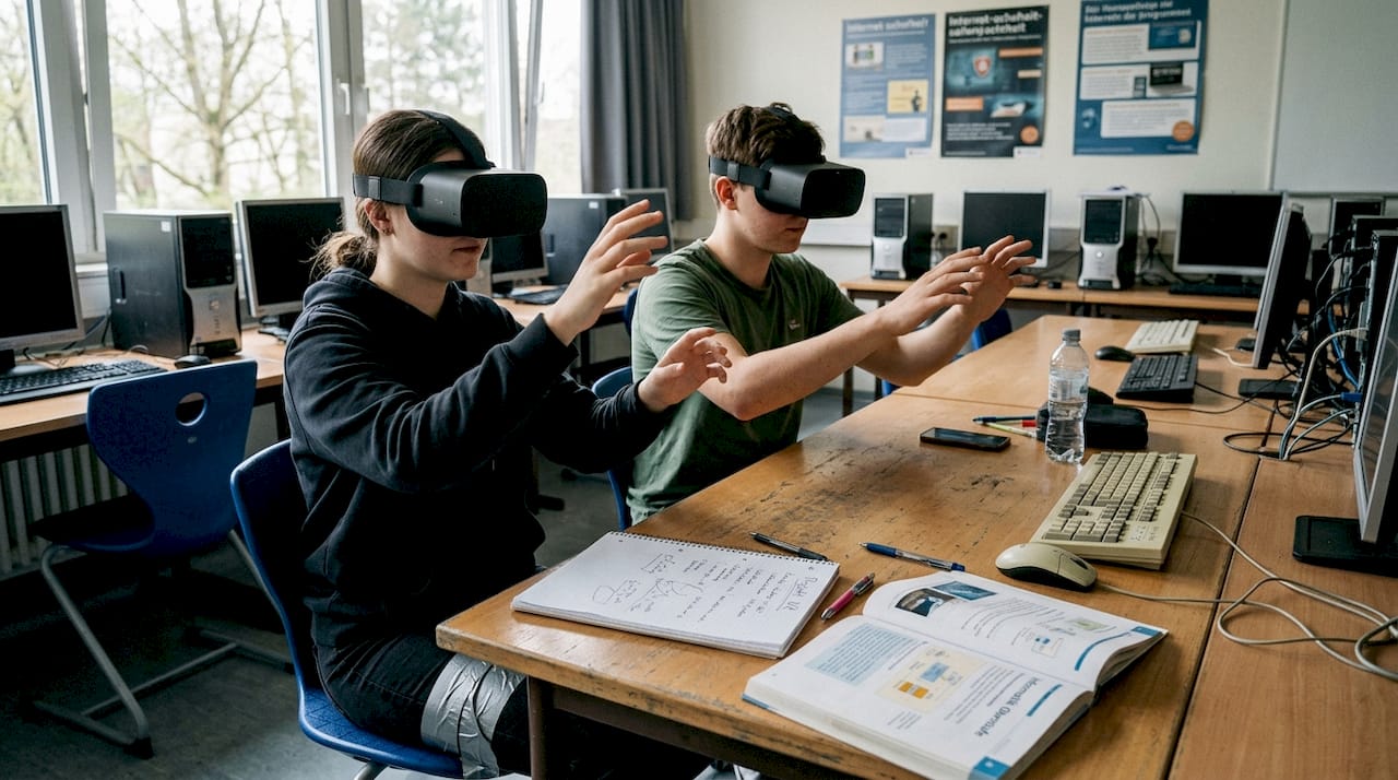 Schüler arbeiten gemeinsam in kleinen Gruppen und nutzen dabei VR-Brillen, um digitale Lerninhalte interaktiv zu erleben.