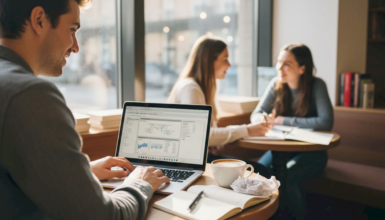Student nutzt Künstliche Intelligenz bei der Arbeit im Café