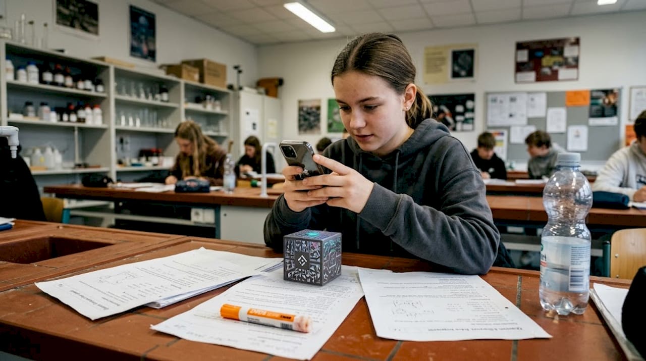 Eine Schülerin arbeitet im Unterricht mit dem AR Merge Cube.