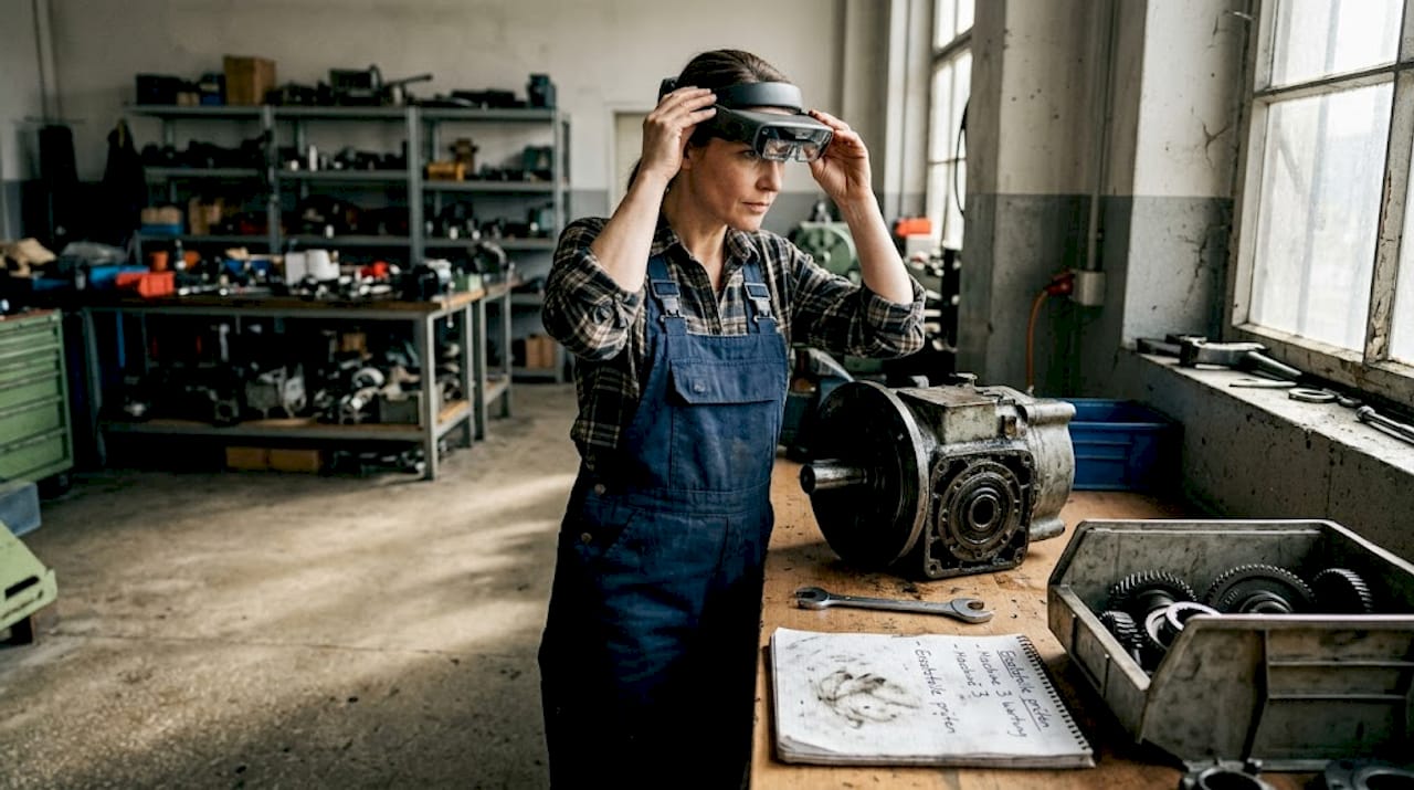 Eine Mitarbeiterin setzt bei ihrer Ausbildung in der Werkstatt auf eine AR-Brille.