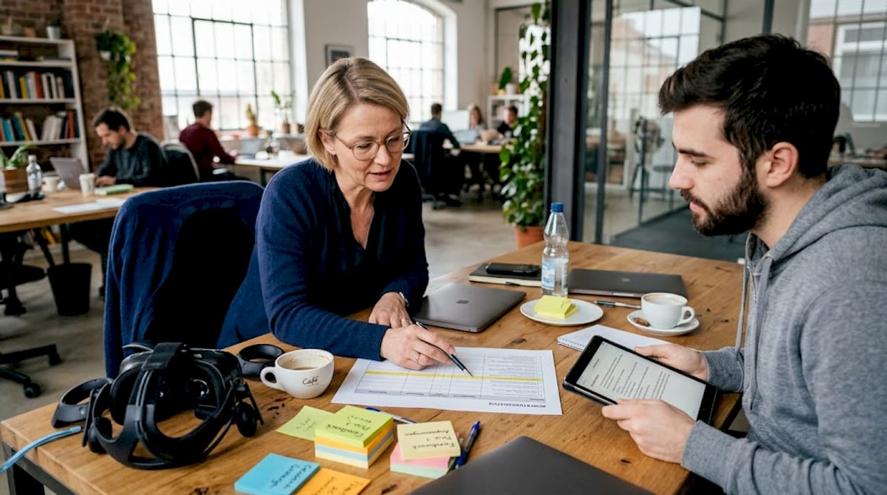 Mitarbeitende überprüfen gemeinsam verschiedene VR-Trainingsszenarien.