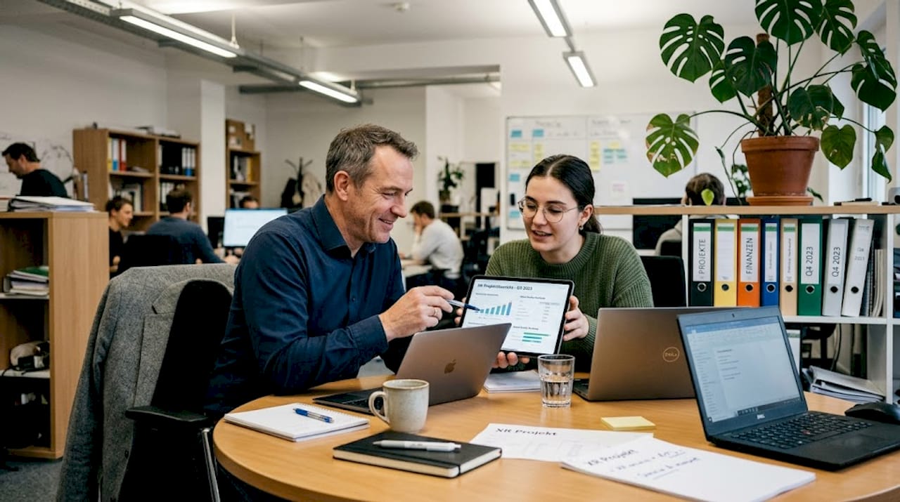 Das Team tauscht sich gemeinsam am Tisch über die nächsten Schritte im XR-Projekt aus.