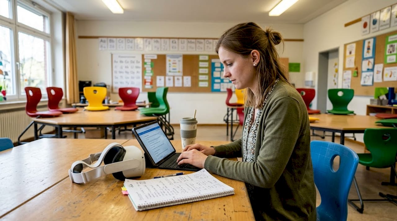 Eine Lehrerin setzt im Unterricht Virtual-Reality-Technologie ein.