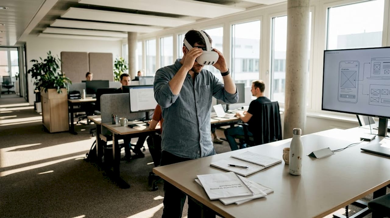 Ein Mitarbeiter richtet im Büro ein VR-Training ein.