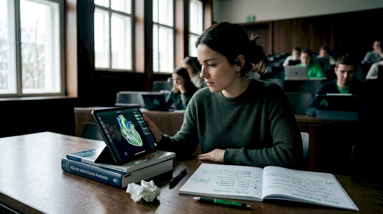 Eine Medizinstudentin lernt im AR-Seminar mit dem Tablet.