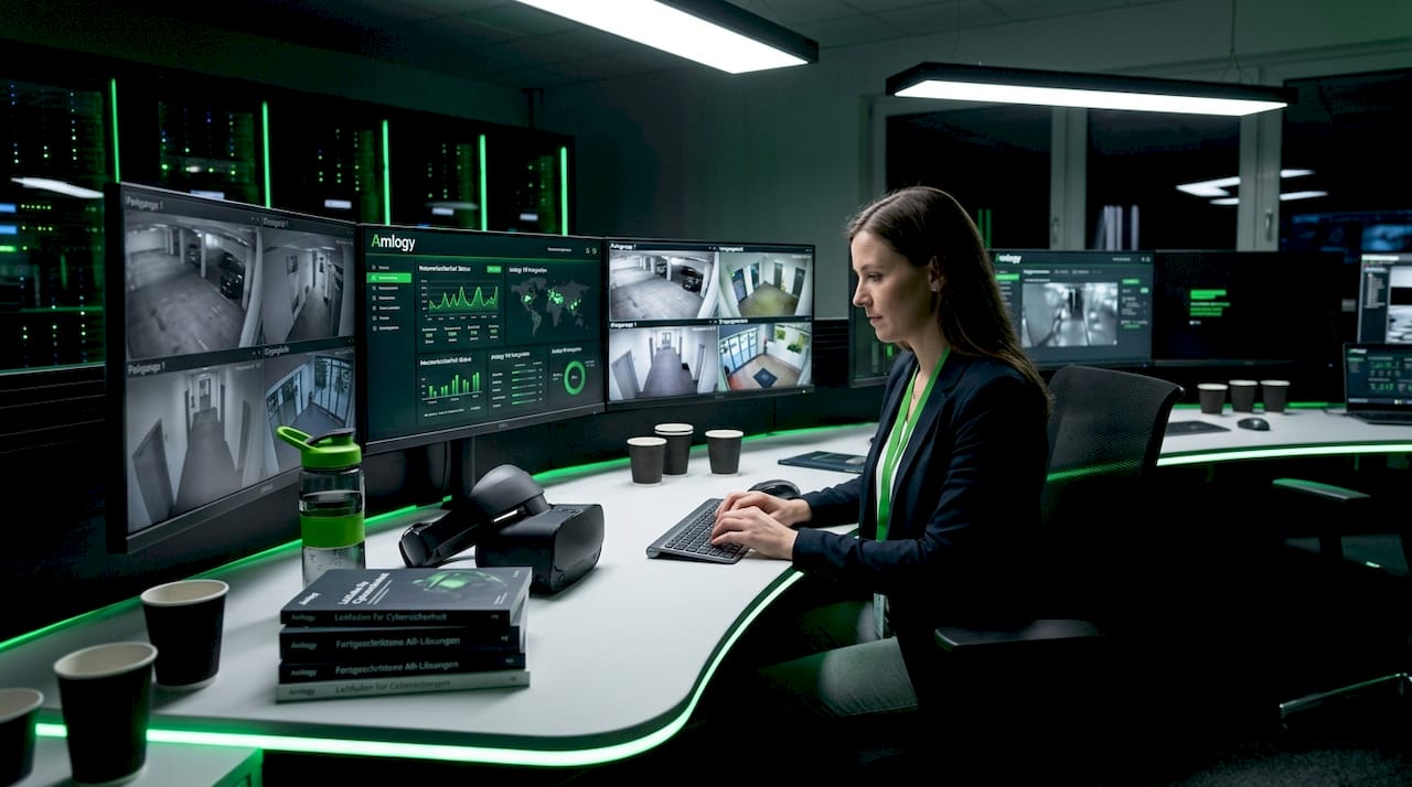 Eine IT-Expertin kontrolliert die Sicherheitssysteme am Bildschirm.