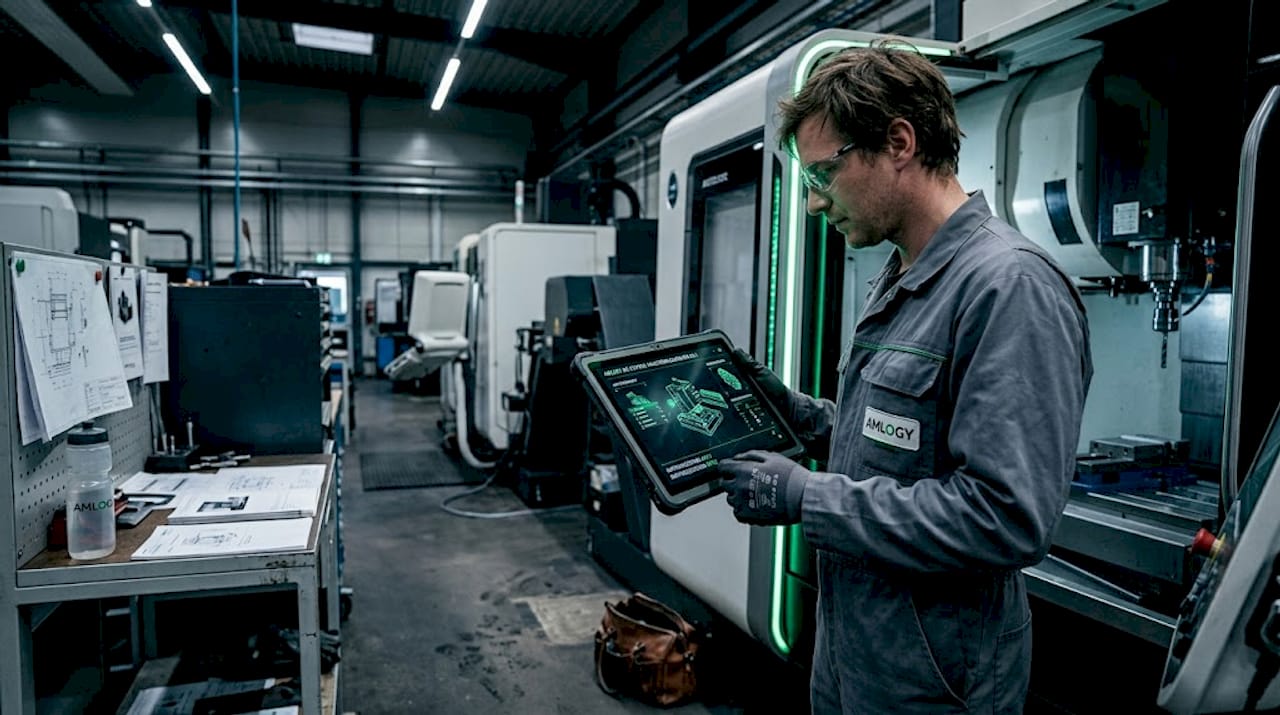 Ein Techniker prüft mithilfe eines AR-Tablets direkt an der Maschine wichtige Informationen.