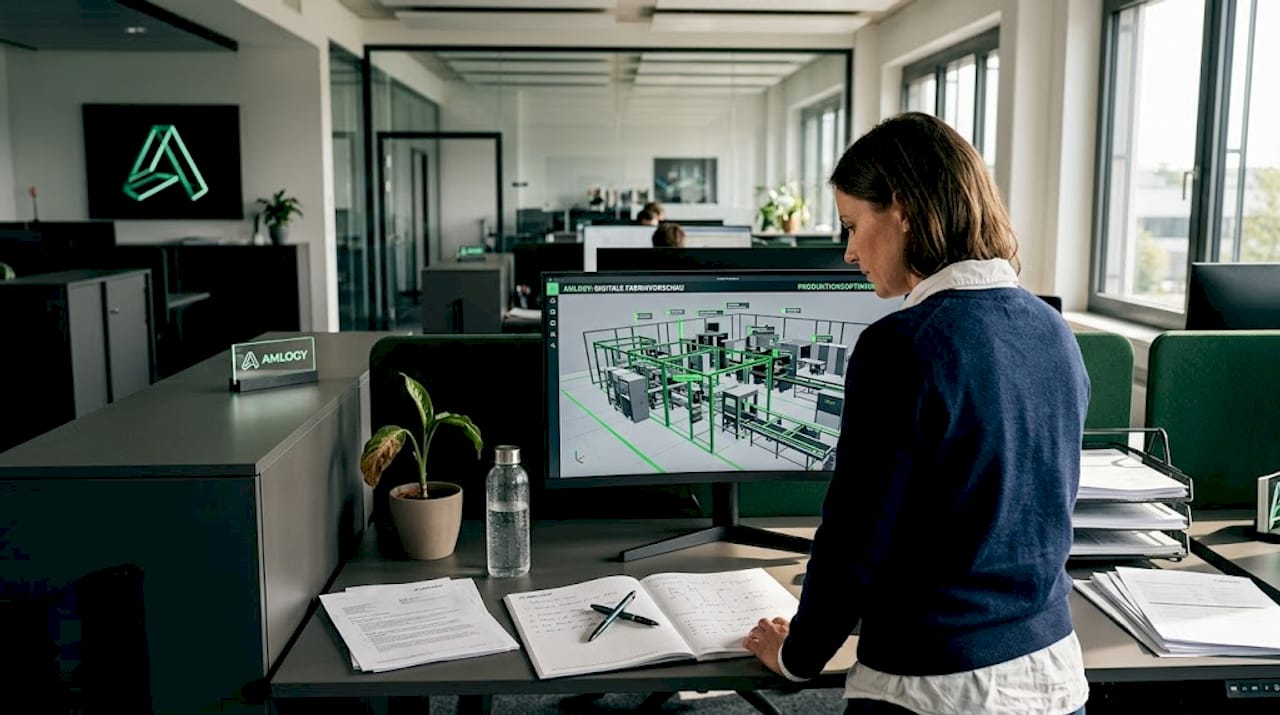 Ein Ingenieur prüft ein digitales Fabrikmodell am Bildschirm.
