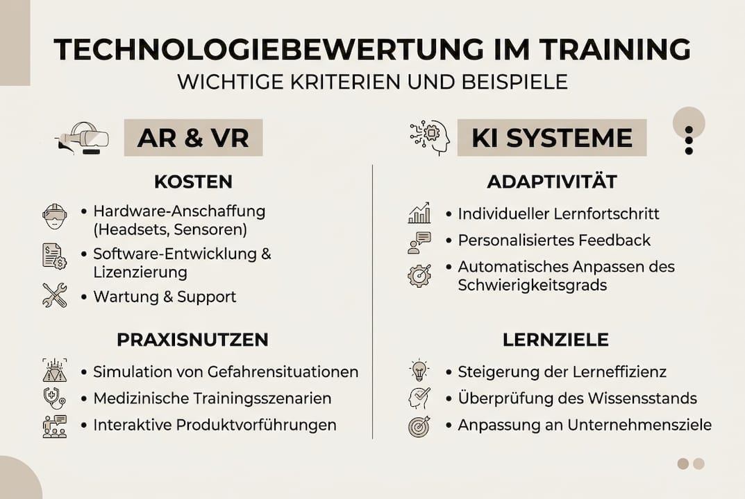 Die Infografik gibt einen Überblick über die wichtigsten Auswahlkriterien für AR, VR und Künstliche Intelligenz.