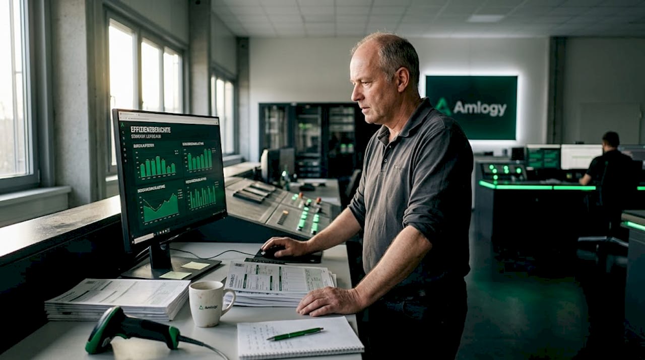 Ein Betriebsleiter prüft derzeit verschiedene Softwarelösungen, um die Abläufe in der Produktion effizienter zu gestalten.