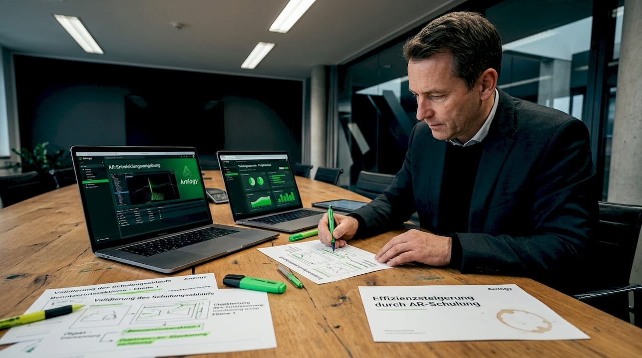 Ein Mann sitzt am Konferenztisch und arbeitet an der Planung eines AR-Trainings.