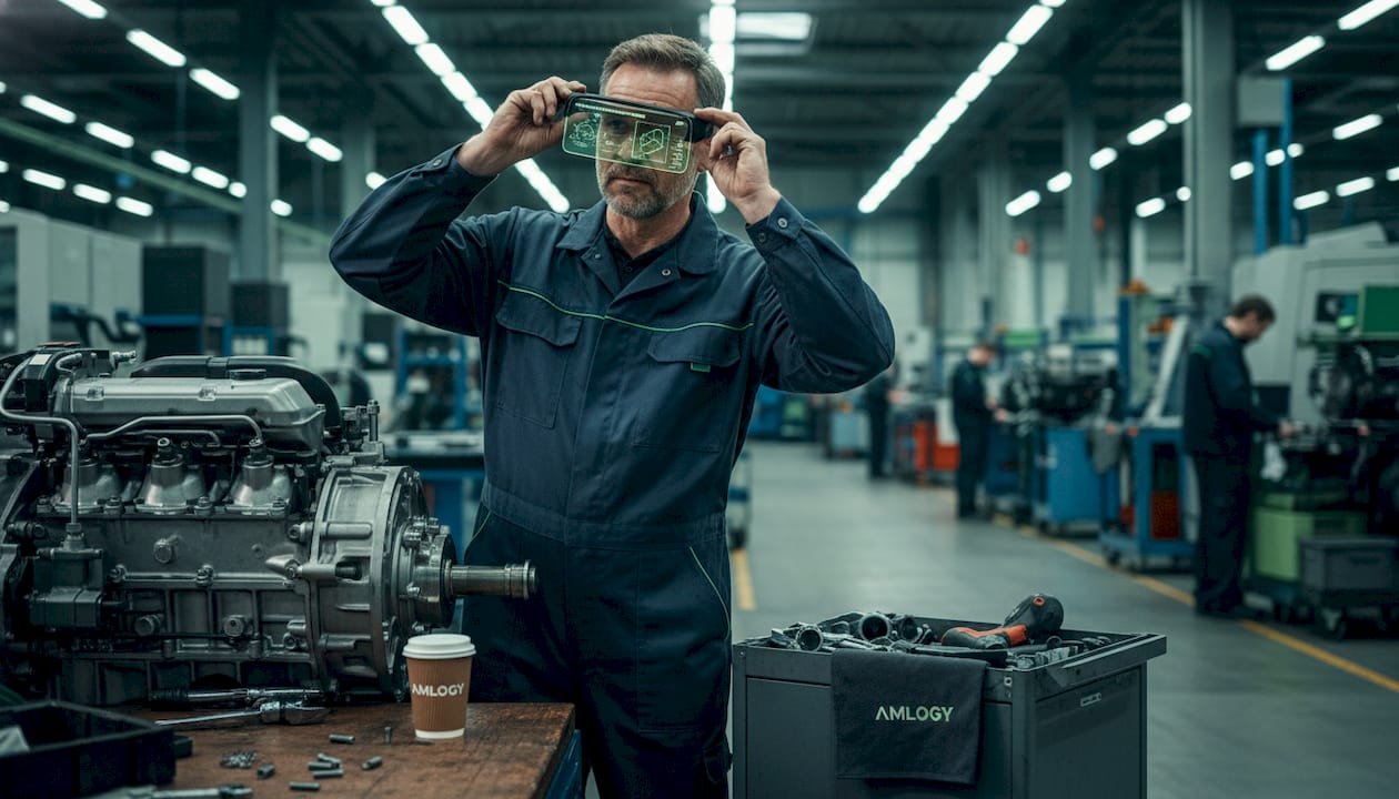 Ein Techniker arbeitet mithilfe von AR-Brille bei der Montage.
