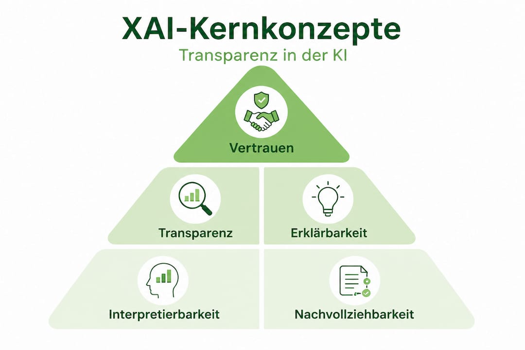 Pyramidenstruktur: Die wichtigsten Grundprinzipien von XAI anschaulich als Infografik dargestellt