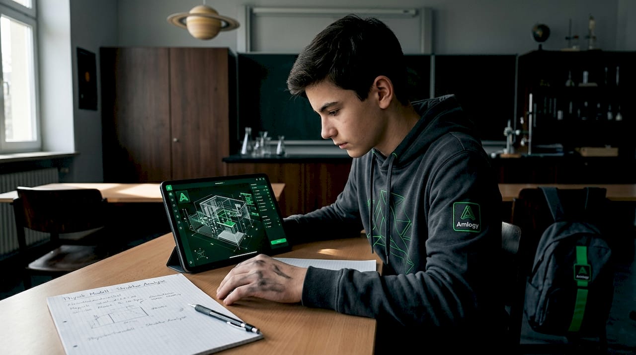 Ein Schüler erkundet im Unterricht ein 3D-Modell auf dem Tablet.