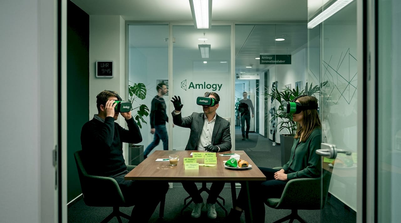 Drei Kollegen absolvieren gemeinsam ein VR-Training in einem modernen Besprechungsraum.