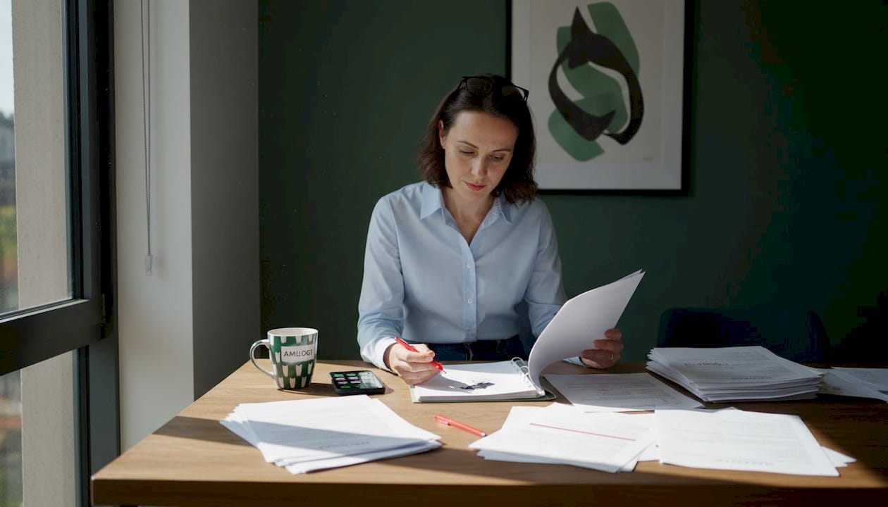 Ein Manager prüft einen kommentierten Bericht am Schreibtisch im Homeoffice.