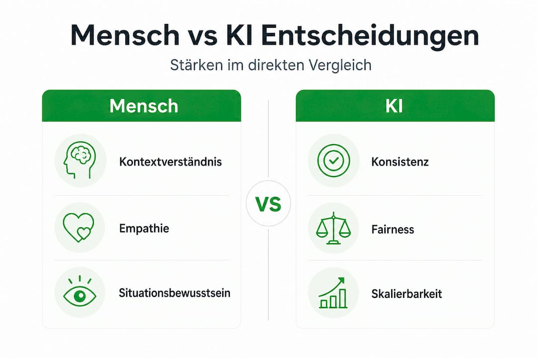 Eine Infografik zeigt, wie unterschiedlich Menschen und Künstliche Intelligenz Entscheidungen treffen.
