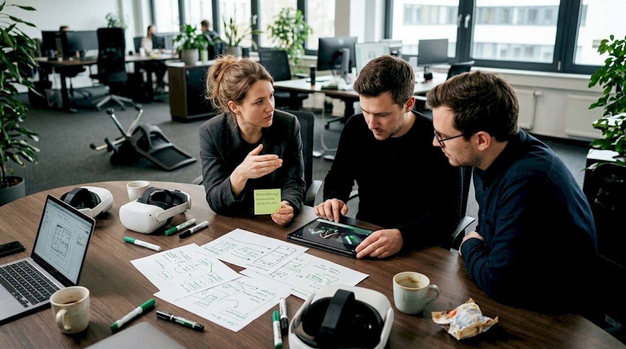 Das Team arbeitet mit Skizzen und VR-Brillen an einem neuen Projekt.