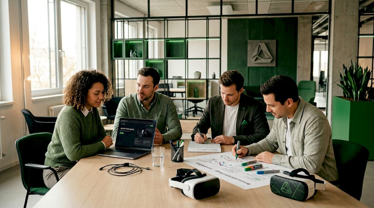 Das Team tauscht sich über ein neues Konzept für virtuelle Realität aus.