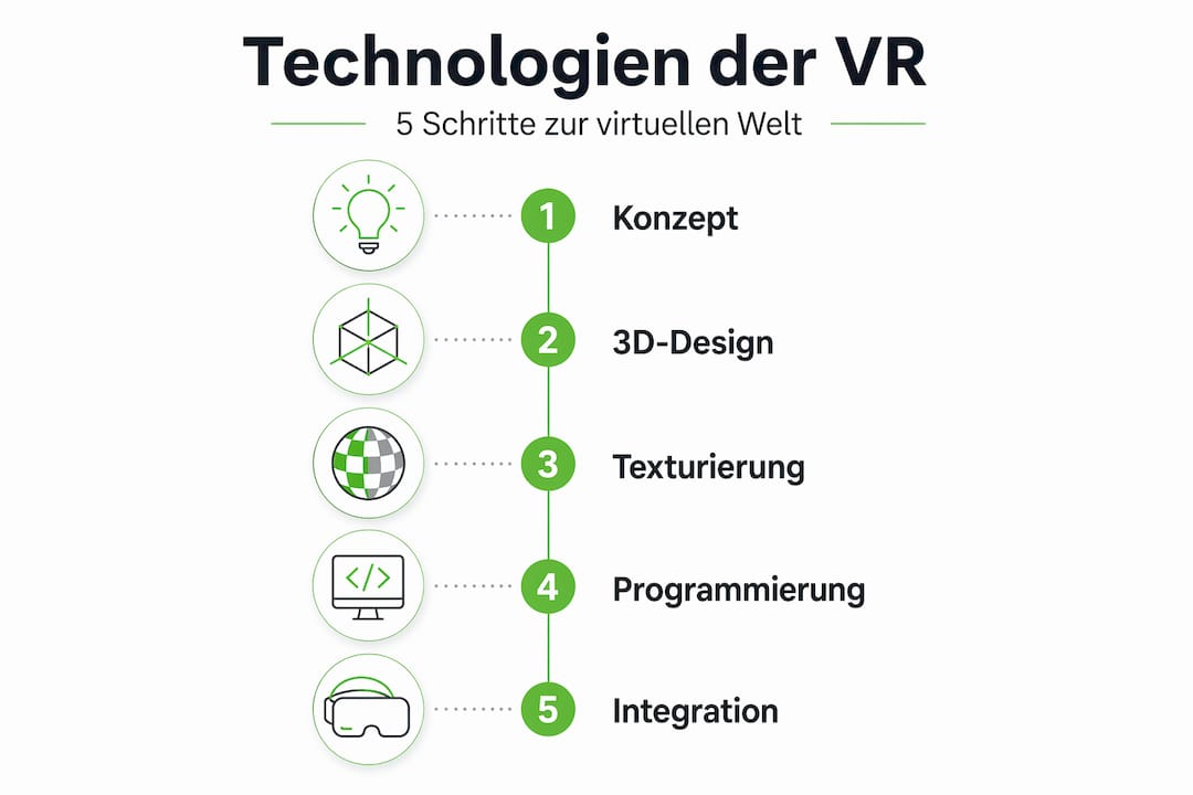 Schritt-für-Schritt-Infografik: So entsteht ein VR-Projekt in fünf Phasen