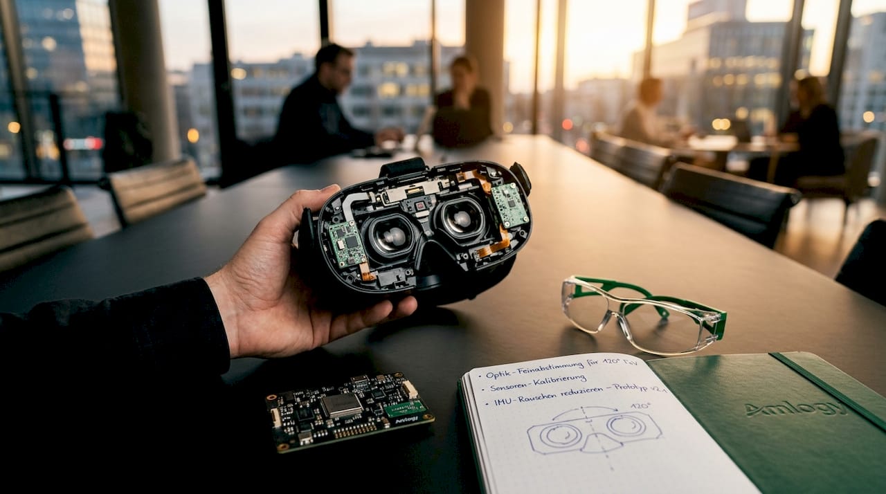 Hände präsentieren die Sensoren und IMU-Komponenten eines VR-Headsets.