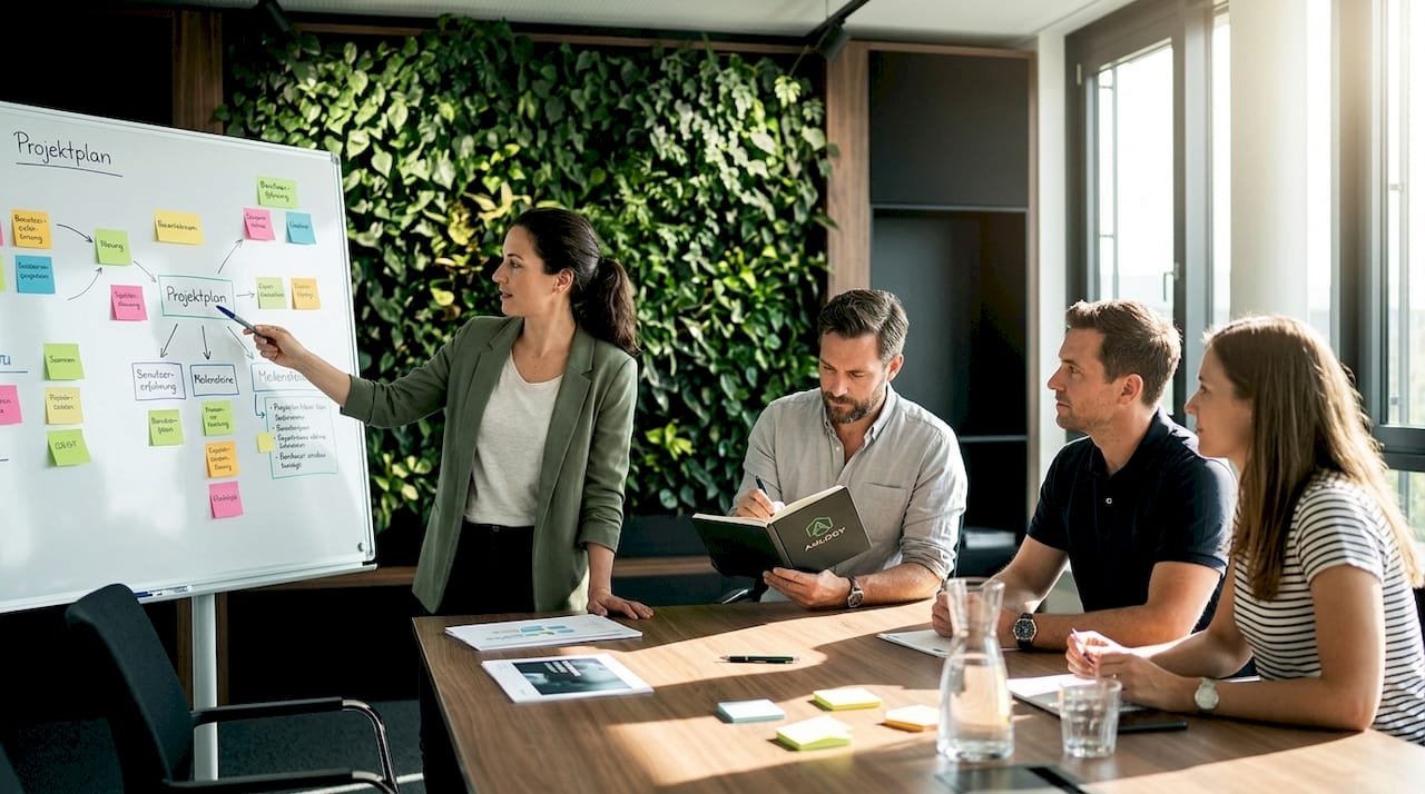 Besprechung im Team zum Thema Organisationsstrukturen – gemeinsam am Whiteboard arbeiten