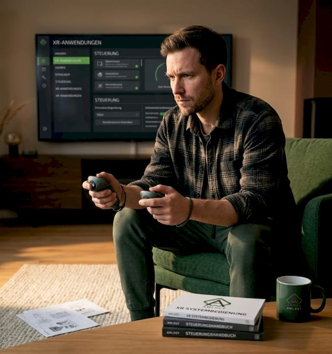 Ein Mann probiert im gemütlichen Wohnzimmer neue XR-Controller aus.
