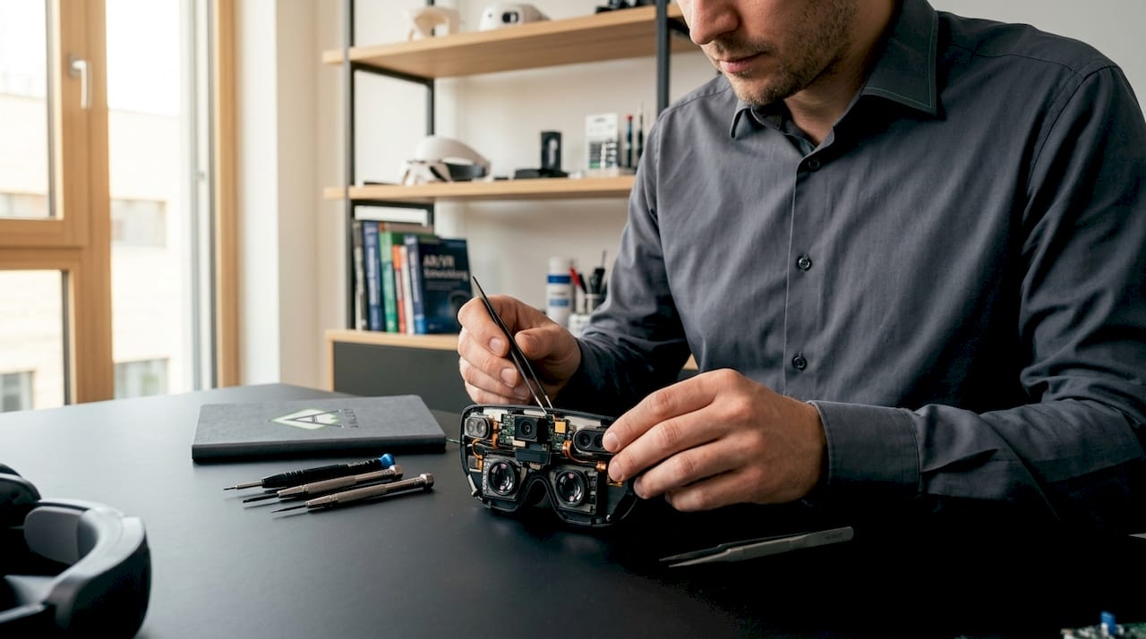 Ein Ingenieur nimmt Feineinstellungen an den Sensoren seines AR-Headsets vor.