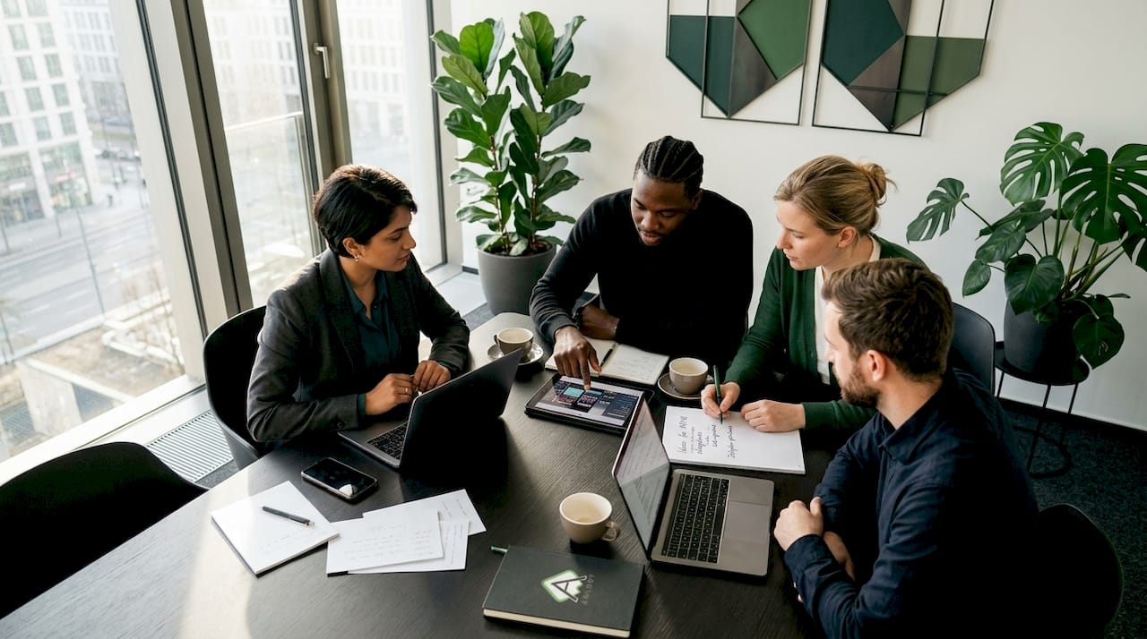 Ein Team arbeitet gemeinsam online in einem modernen Coworking Space und nutzt die flexible Umgebung für den Austausch und die Zusammenarbeit.