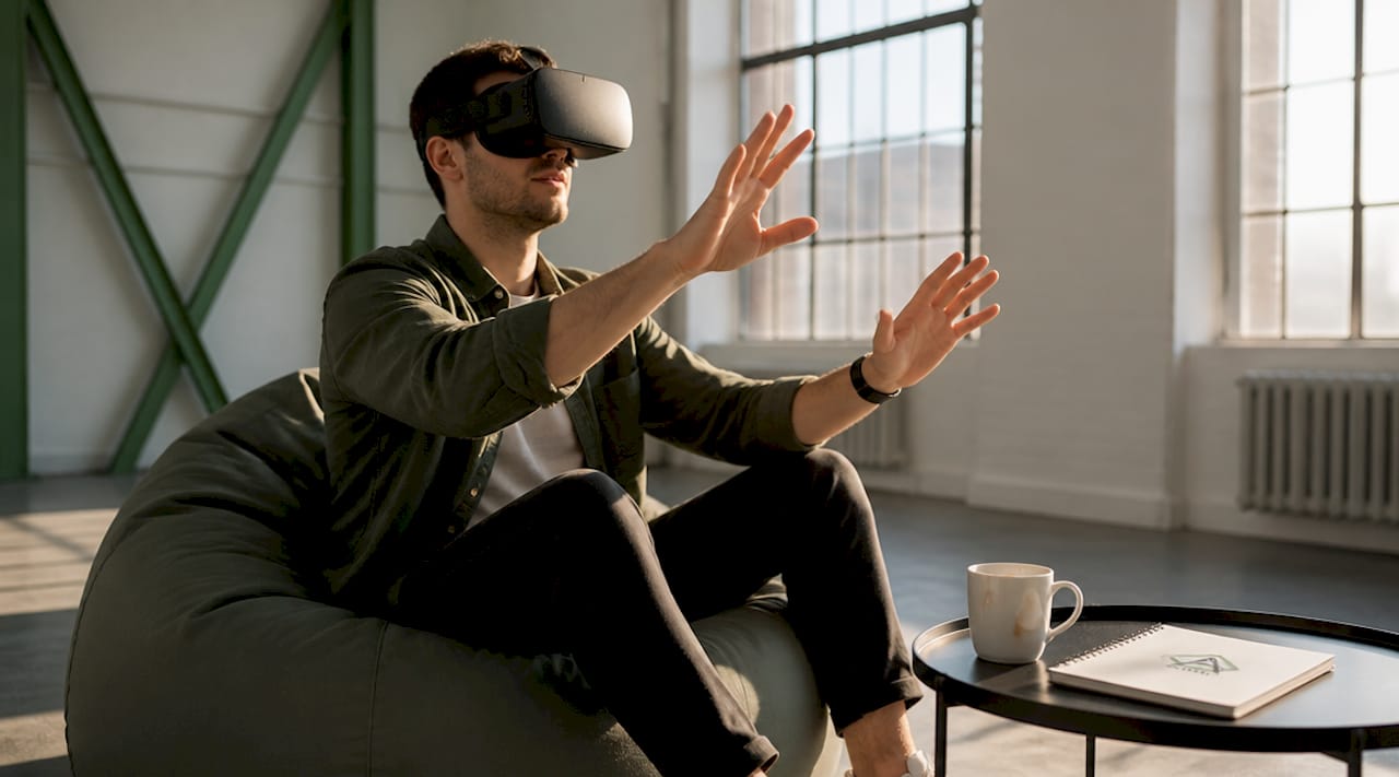 Ein Mitarbeiter absolviert ein VR-Training im Lagerbüro.