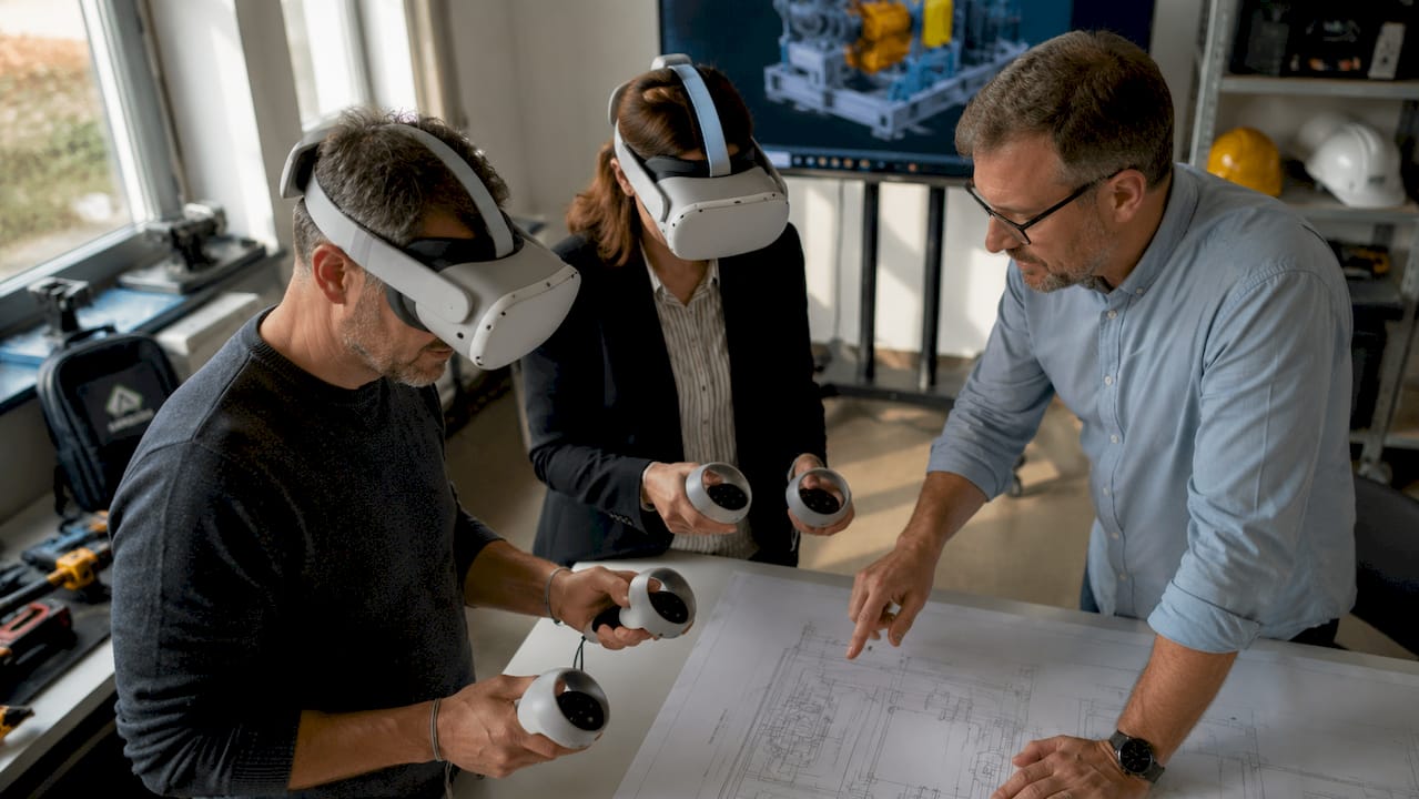Mitarbeiter absolvieren gemeinsam eine VR-Schulung in einer industriellen Trainingsumgebung