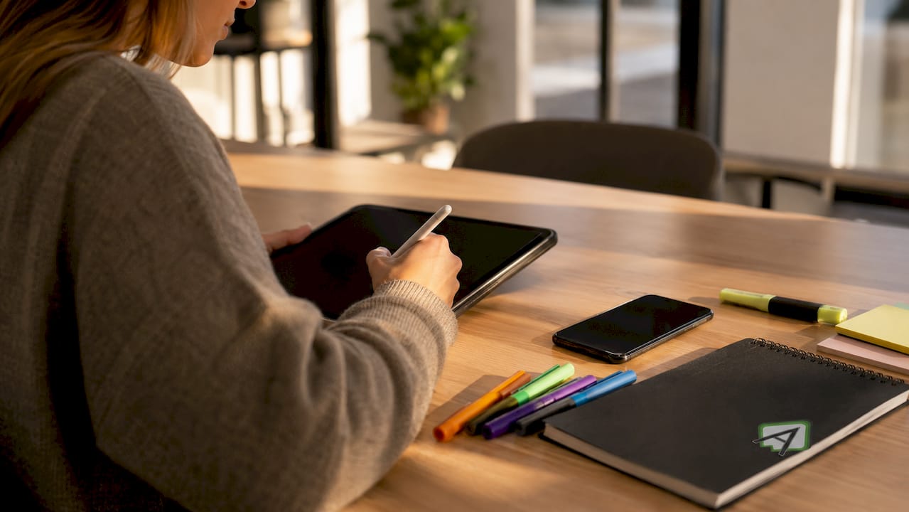 Eine Frau lernt mit digitalen Tools auf ihrem Tablet.