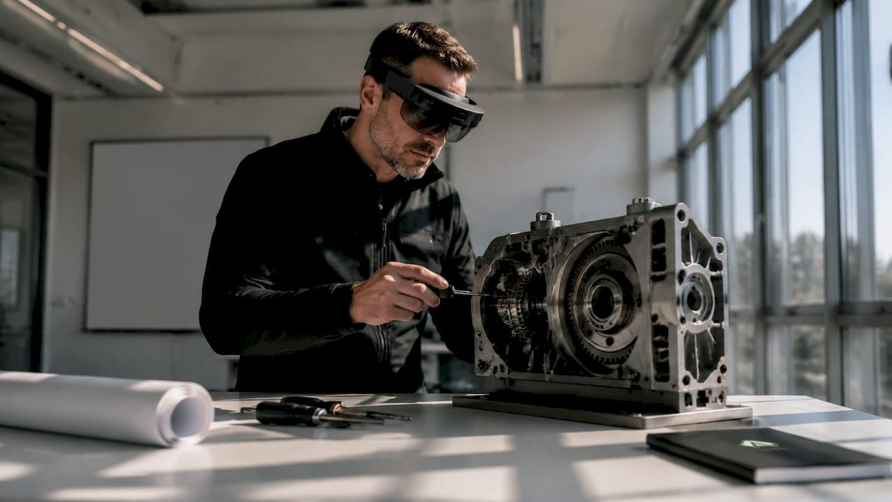 Ein Techniker arbeitet in der Werkstatt und nutzt dabei eine AR-Brille zur Unterstützung.