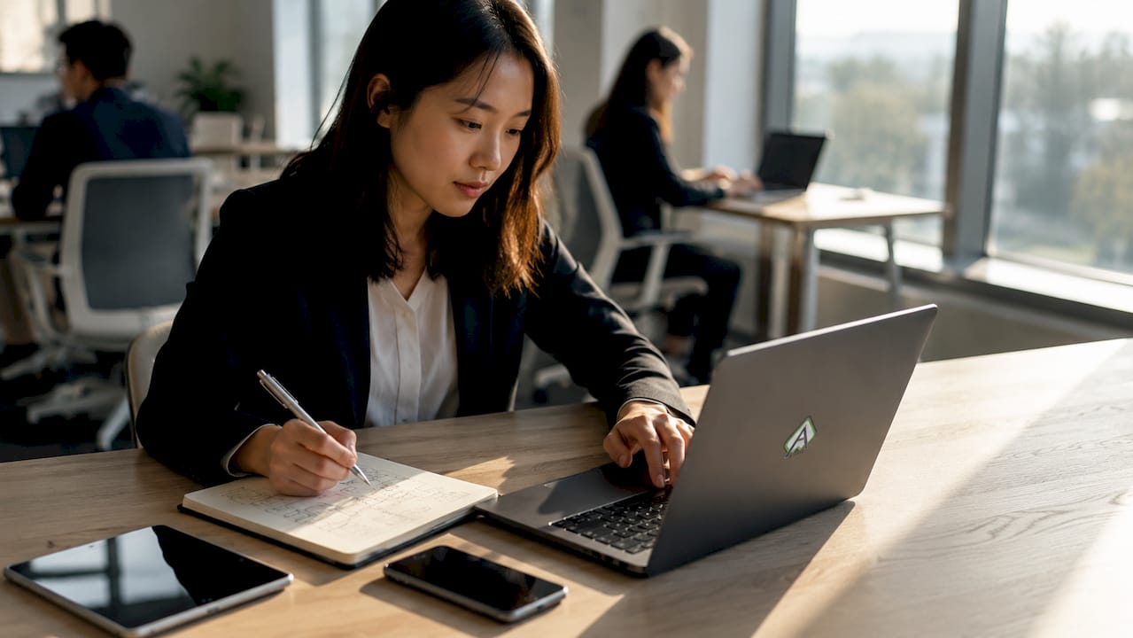 Eine junge Führungskraft arbeitet konzentriert am Laptop und macht sich dabei Notizen.
