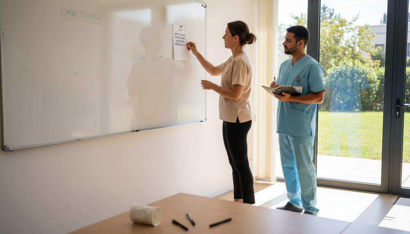 Un responsable des ressources humaines publie une nouvelle offre d’emploi dans le secteur médical, en collaboration avec son équipe.