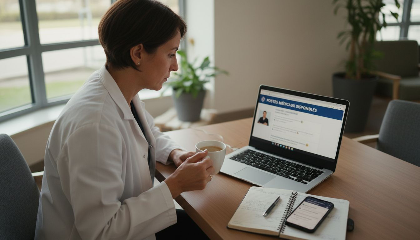 Un médecin parcourt les dernières offres d’emploi dans le secteur médical sur son ordinateur portable.