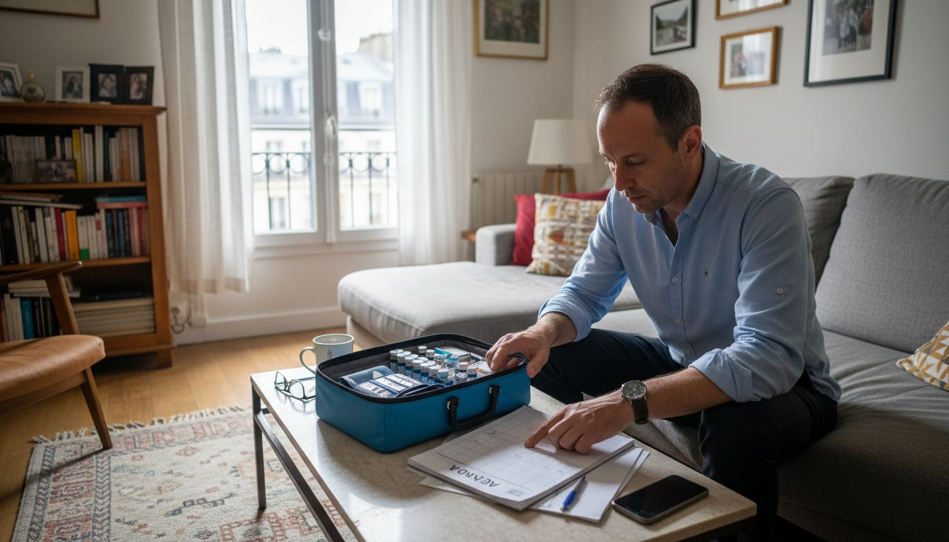 L’infirmier installe tout le nécessaire chez son patient pour assurer les soins à domicile.