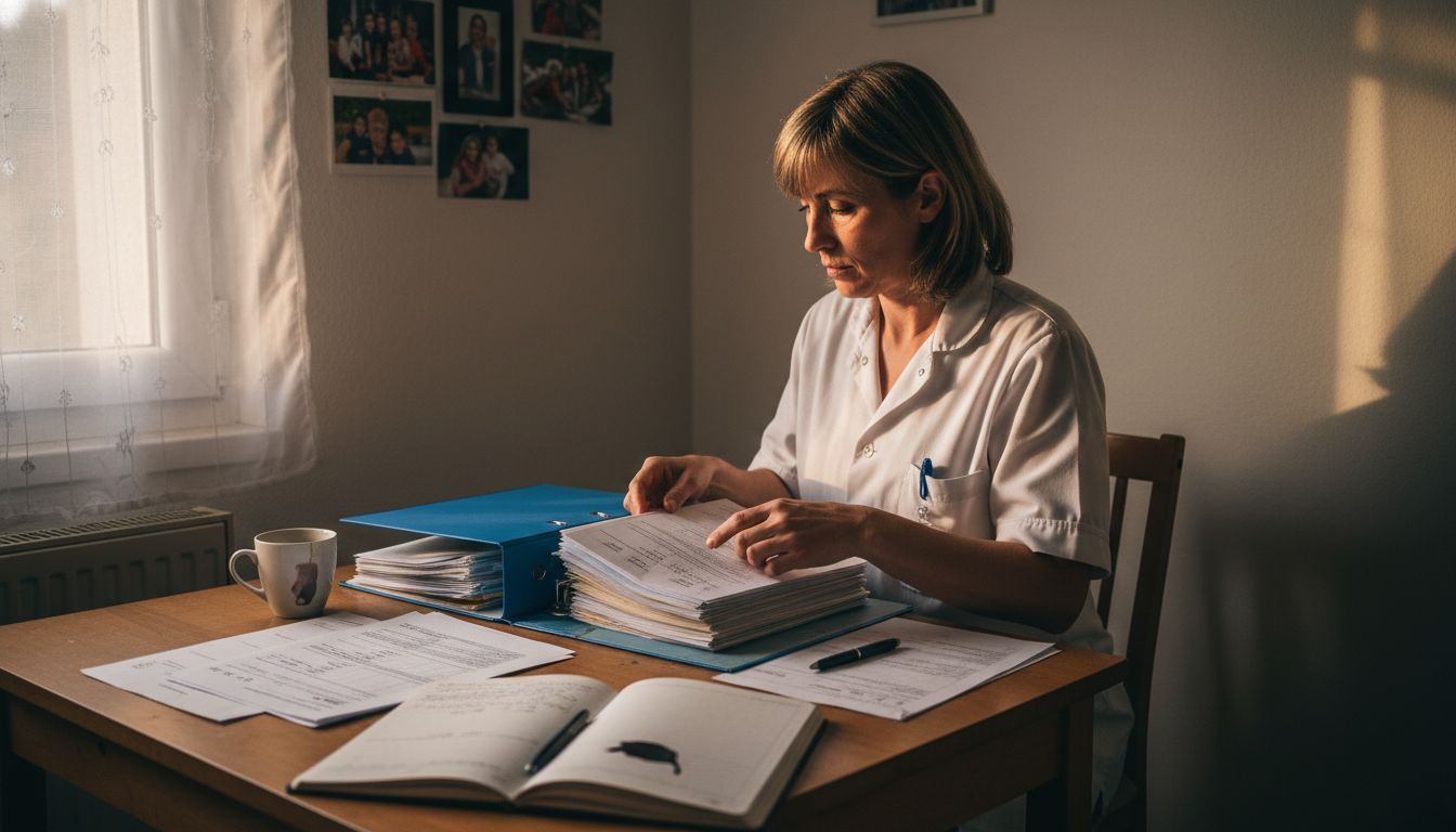 Chez elle, une infirmière prend le temps de trier et d’organiser les dossiers de ses patients.