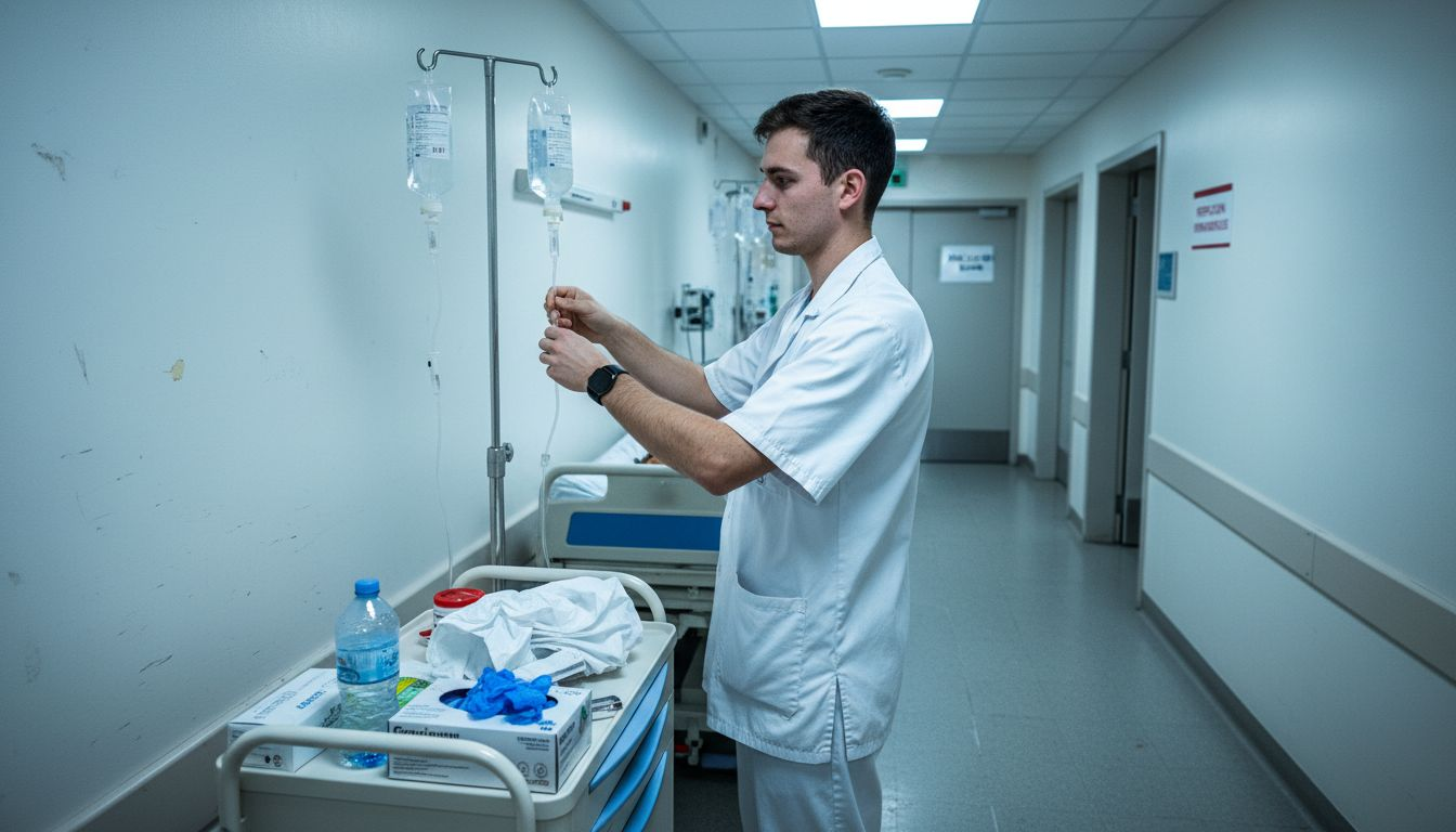 Un infirmier effectue une vérification du matériel médical dans le couloir de l’hôpital.