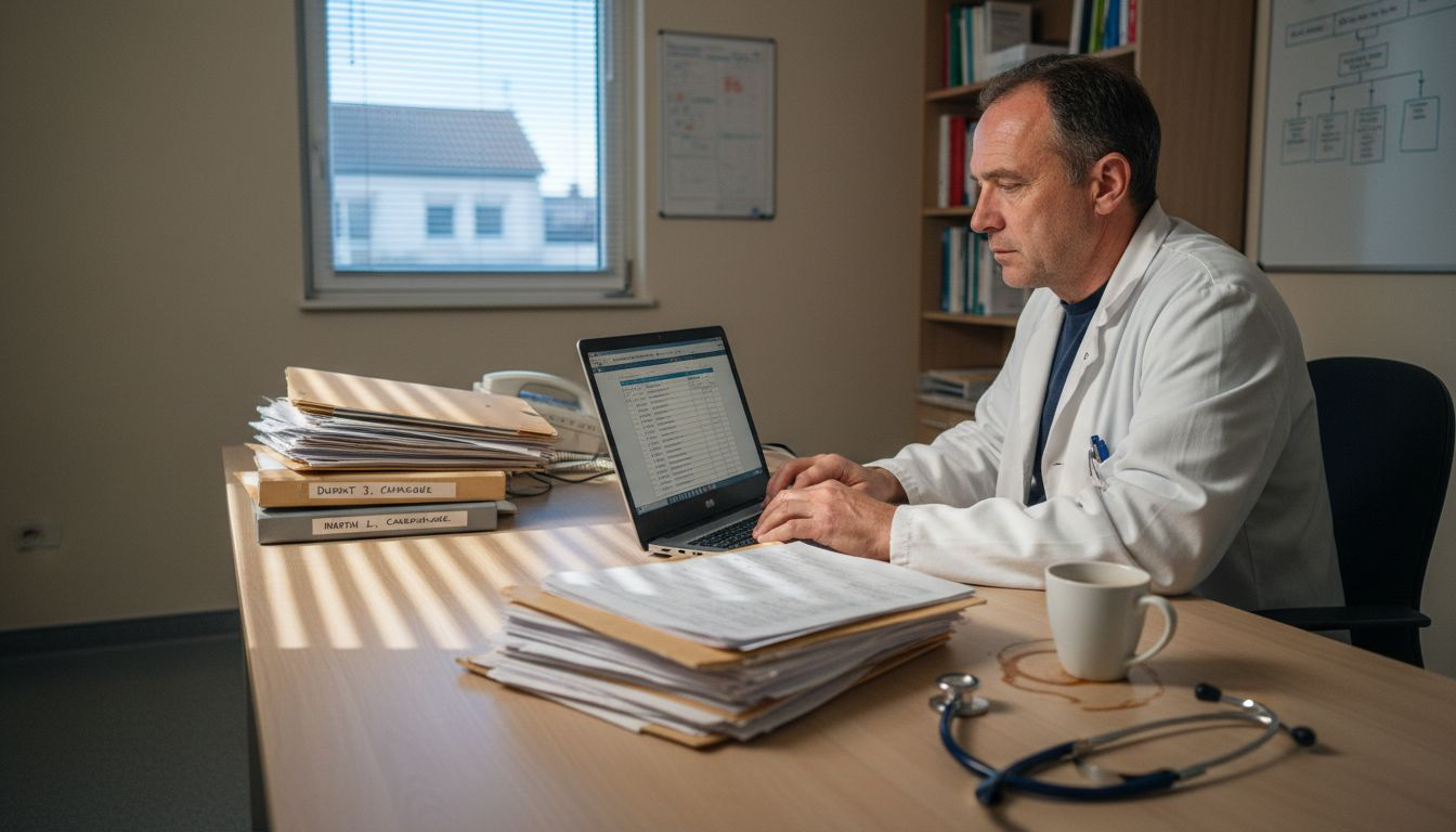 Un médecin saisit des notes sur son ordinateur, installé dans son cabinet à l’hôpital.