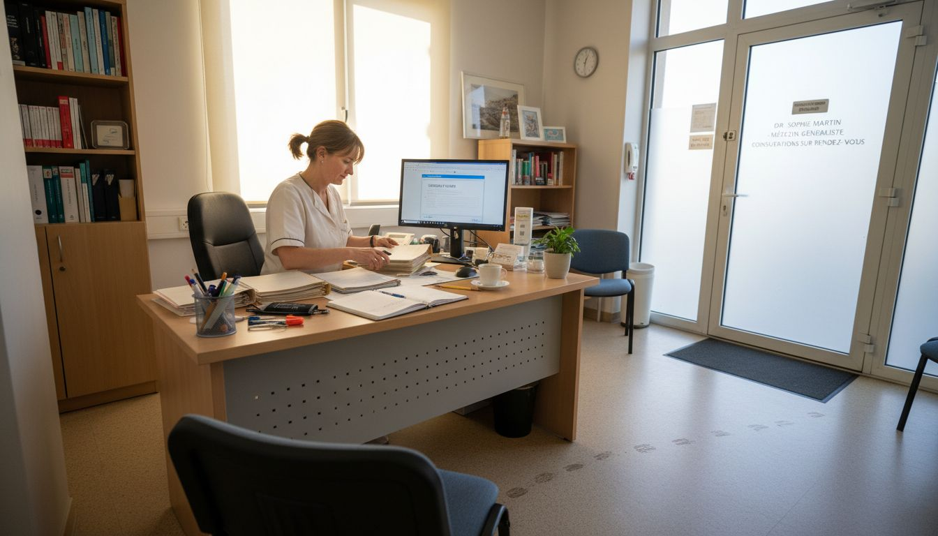 La secrétaire organise les dossiers des patients dans le cabinet médical.