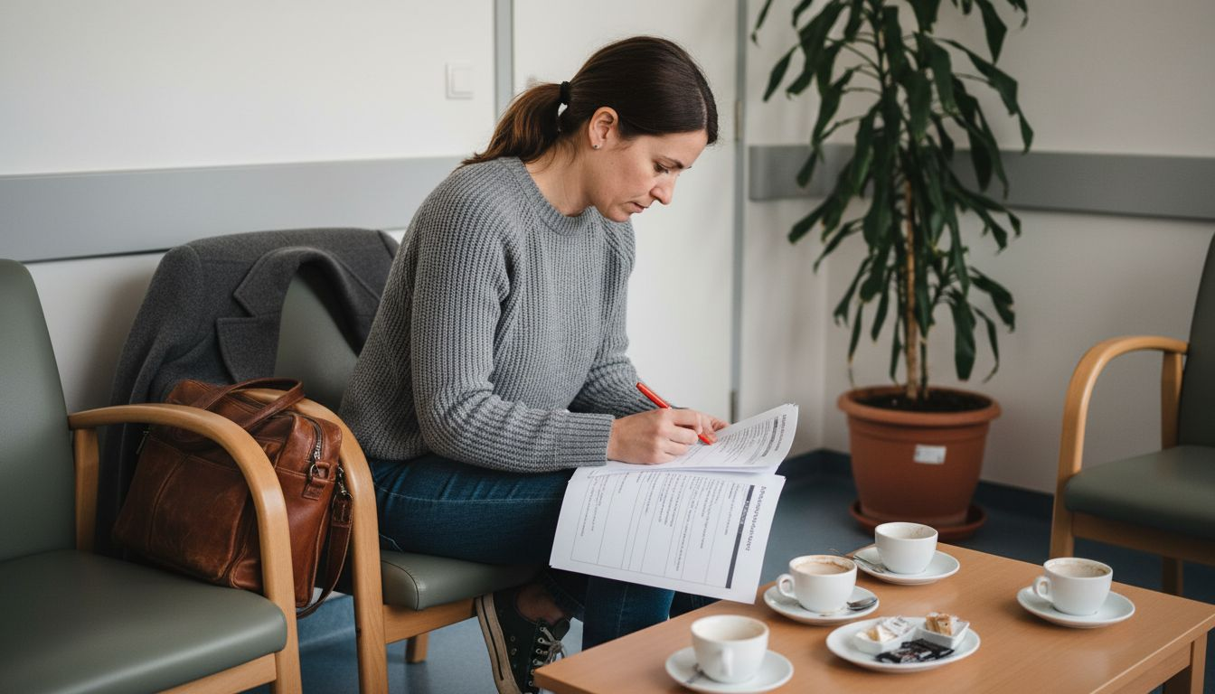 Une jeune médecin prend le temps de relire son CV avec attention avant de passer son entretien d’embauche.