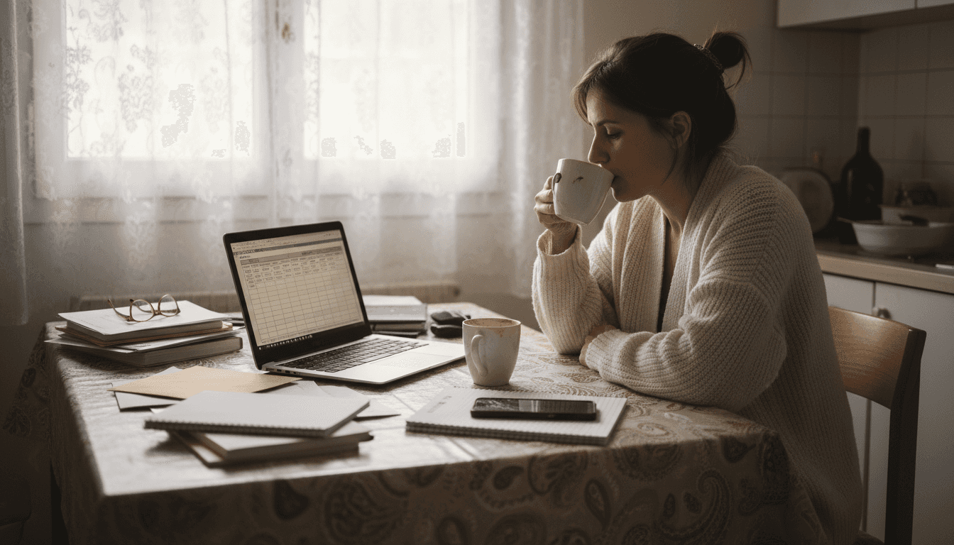 Chez lui, un professionnel de santé prend le temps d’analyser ses revenus et de faire le point sur sa situation financière.